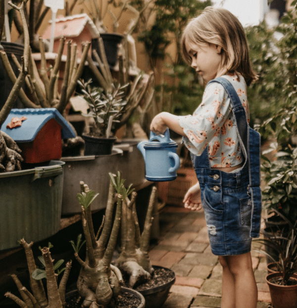 child watering plant