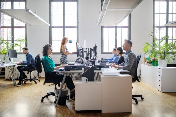 Business people at their desks in a busy, open plan office. Startup business people working at a modern office.