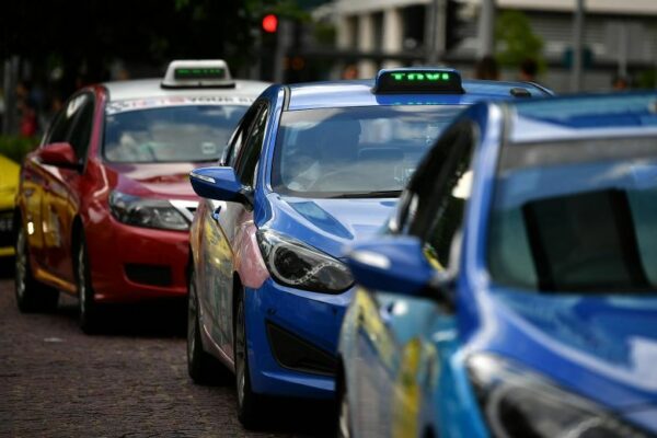 A line of colorful taxis