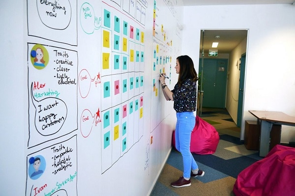 A woman writing on a whiteboard